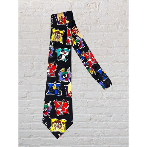 Vtg 1994 Looney Tunes Mania Necktie Black Silk Taz Bugs Bunny Daffy Warner Bros - Picture 1 of 5